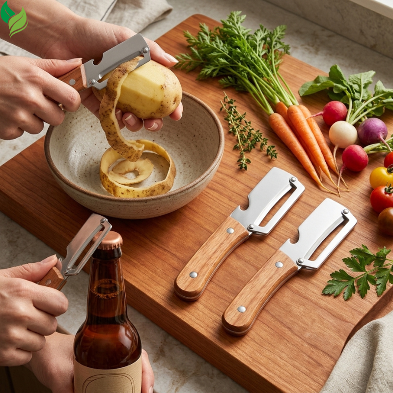 Close-up of stainless steel peeler blades and smooth wooden handles