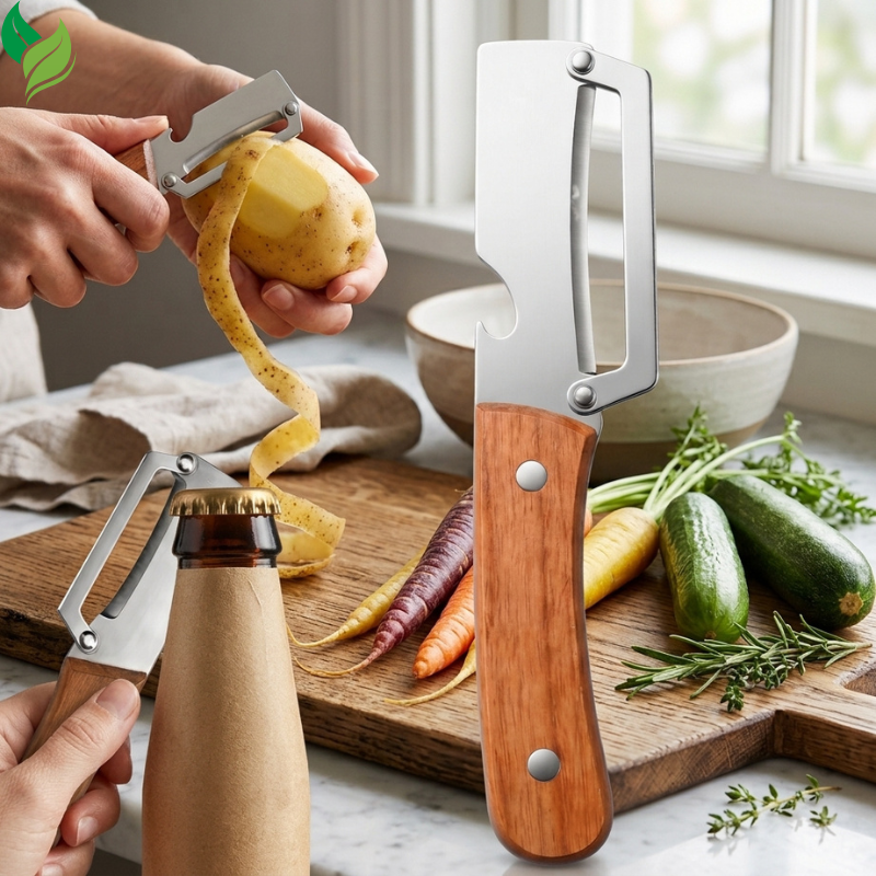 Wooden handle vegetable peeler removing skin from a potato in a home kitchen