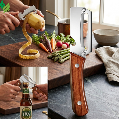 Julienne peeler creating thin carrot strips on a wooden cutting board