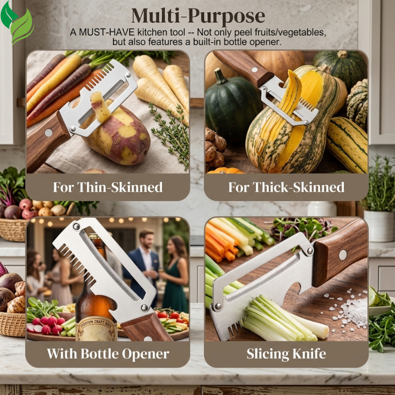 Two kitchen peelers beside potatoes, carrots, cucumbers, and apples