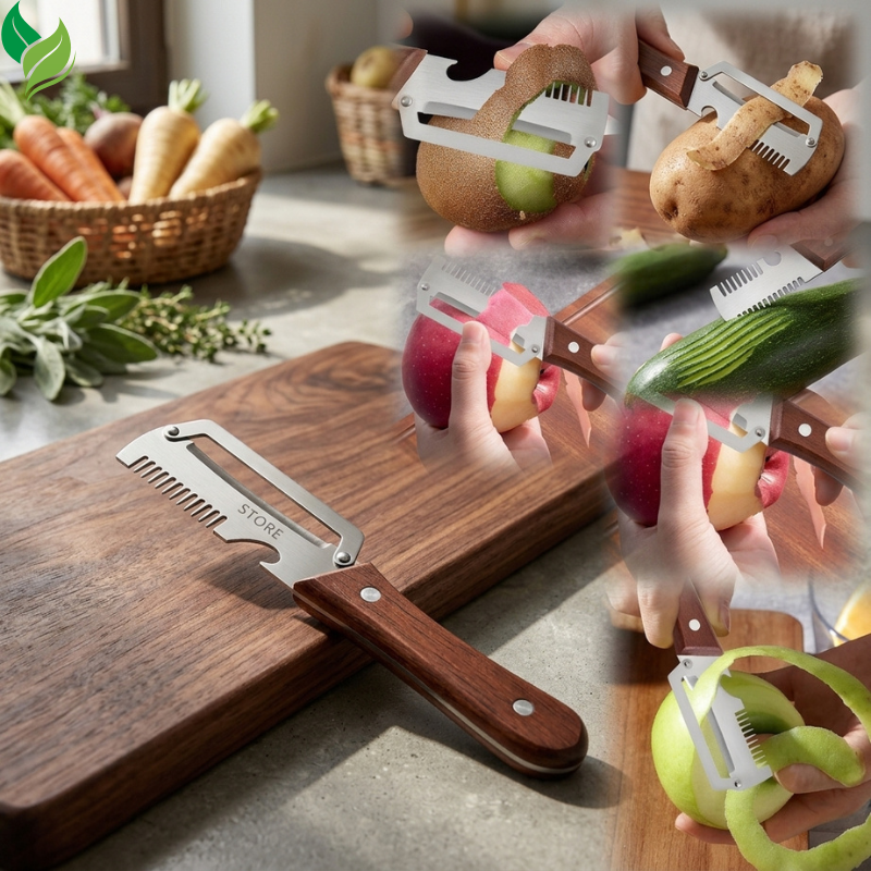 Stainless steel vegetable peeler held in one hand for everyday food prep