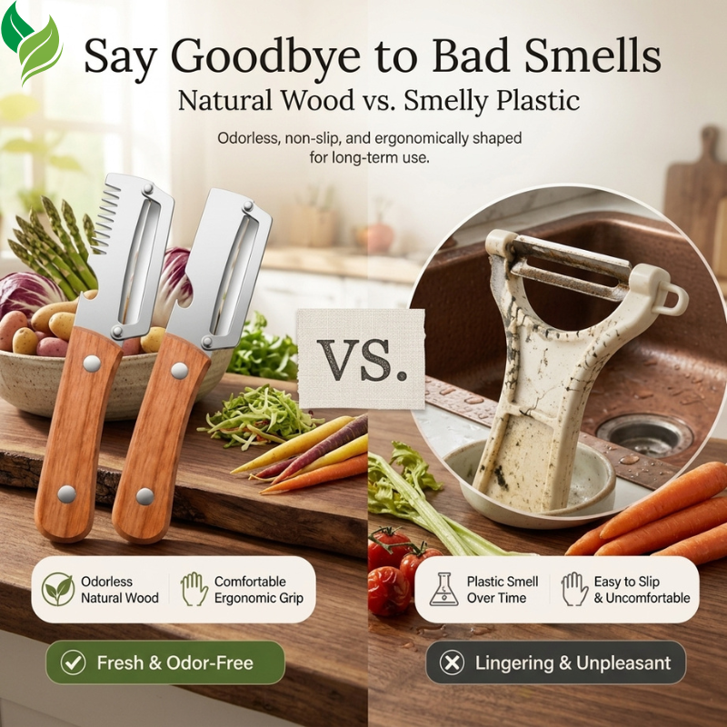 Wooden handle potato peeler used over a cutting board in a bright kitchen