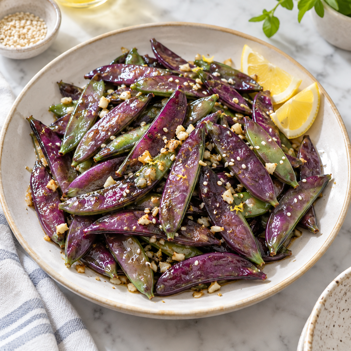 Sautéed Sugar Magnolia purple snap peas with garlic and sesame