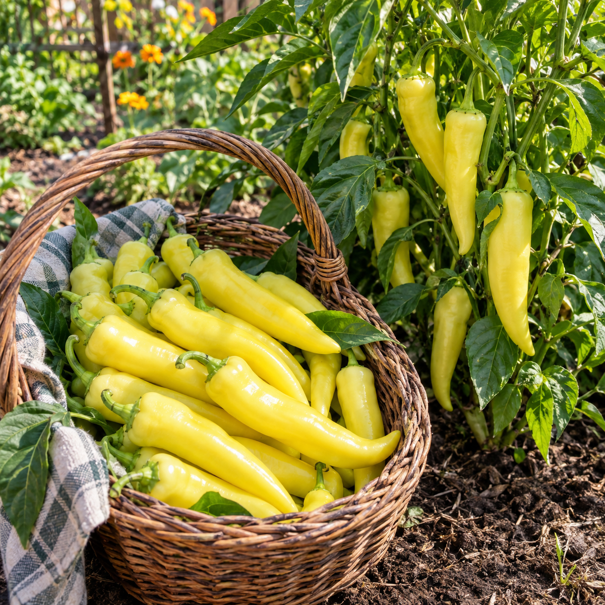 Sweet Banana Pepper plant with pale yellow peppers growing in a sunny garden