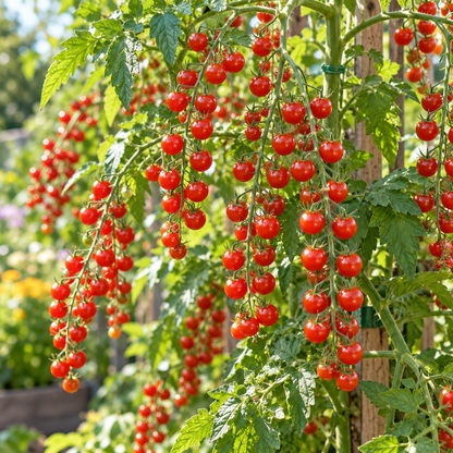 Freshly harvested tiny red Sweet Pea Currant tomatoes arranged in a rustic bowl