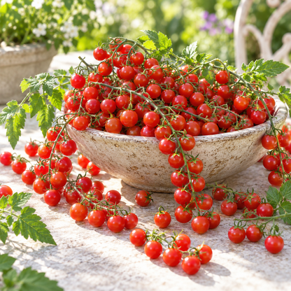 Sweet Pea Currant tomatoes growing in long clusters on a healthy garden vine