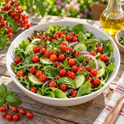 Fresh garden salad topped with sweet red Sweet Pea Currant tomatoes and herbs