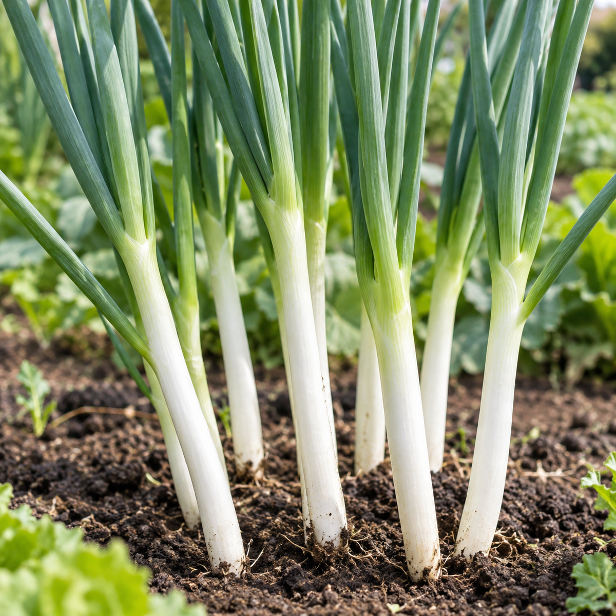 Tokyo Long White Bunching Onions growing in a sunny vegetable garden