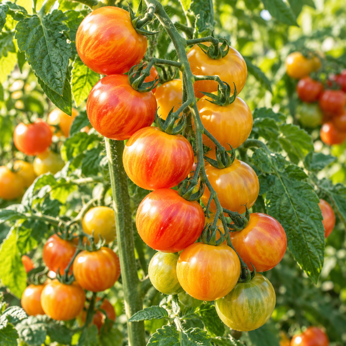 Tropical Sunset organic cherry tomatoes ripening in colorful clusters on the vine