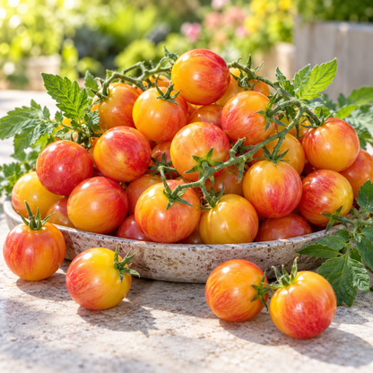 Freshly harvested Tropical Sunset organic cherry tomatoes in red, orange, and golden hues