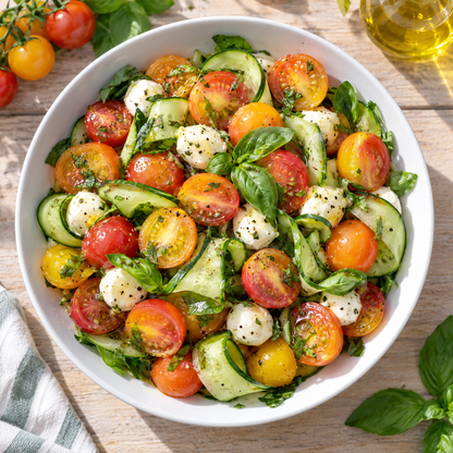 Fresh salad prepared with Tropical Sunset cherry tomatoes, mozzarella, cucumber, and basil