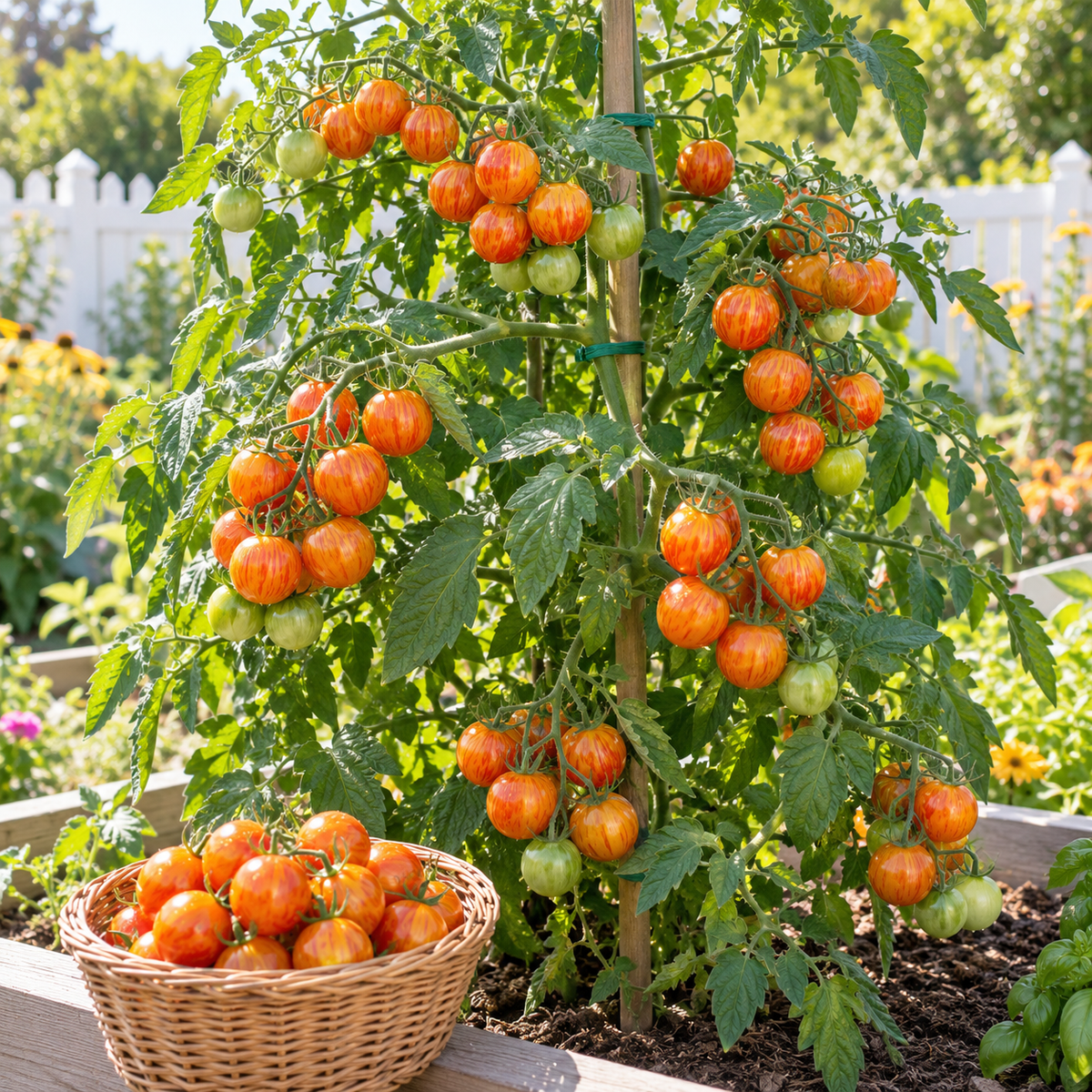Productive Tropical Sunset cherry tomato plants growing in a sunny home garden