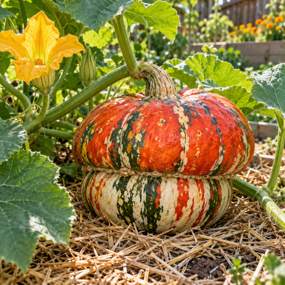 Colorful mature Turks Turban pumpkins with distinctive striped turban-shaped fruits