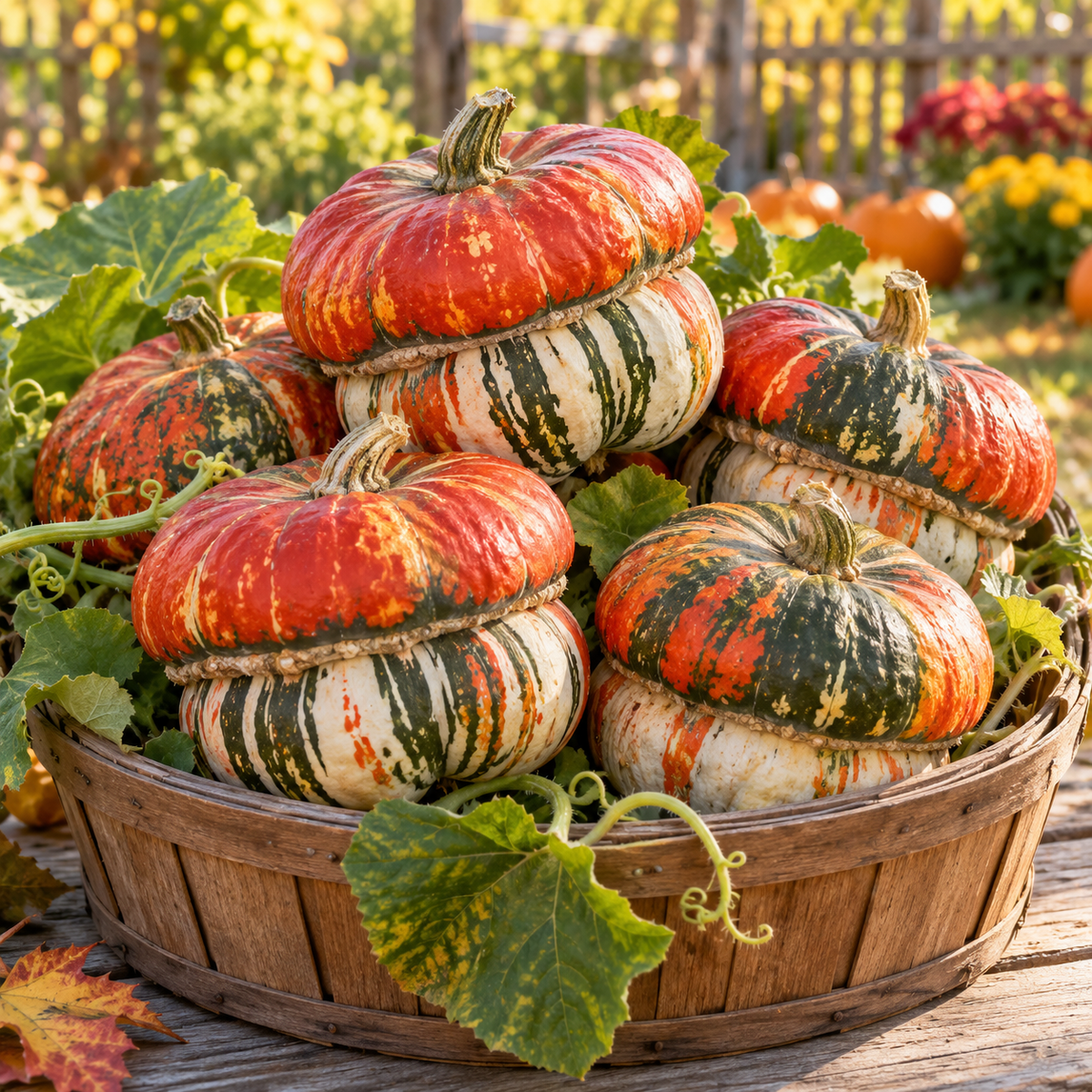 Turks Turban pumpkin growing naturally on a healthy vine in a sunny garden