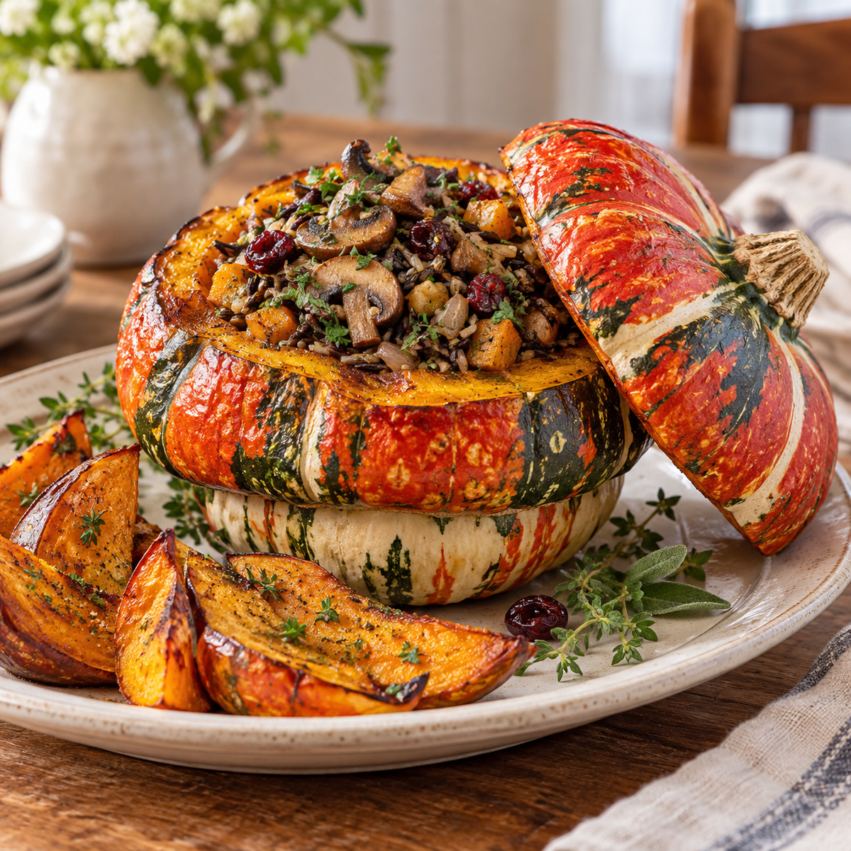 Freshly harvested Turks Turban pumpkins displayed in a rustic wooden basket