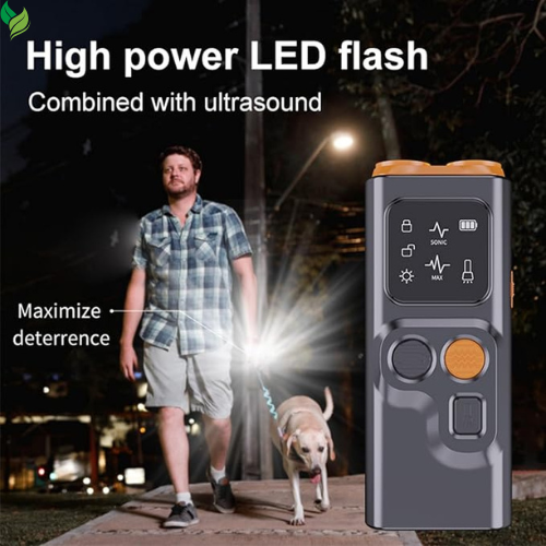Ultrasonic Dog Bark Deterrent Device with LED Flashlight & Rechargeable Battery