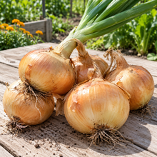 Utah Yellow Onion plants growing in a raised garden bed