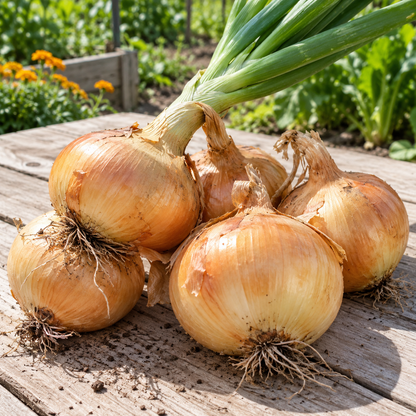 Utah Yellow Onion plants growing in a raised garden bed