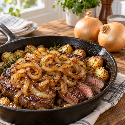 Caramelized Utah Yellow Onions served with grilled steak and potatoes
