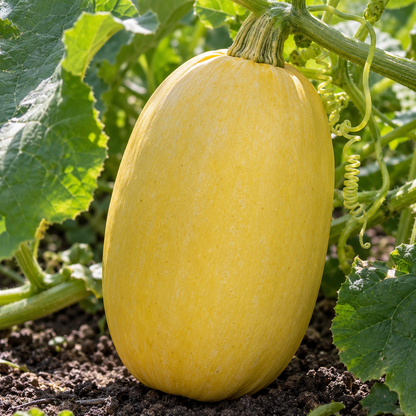 Vegetable Spaghetti Winter Squash growing on healthy vines in a sunny garden