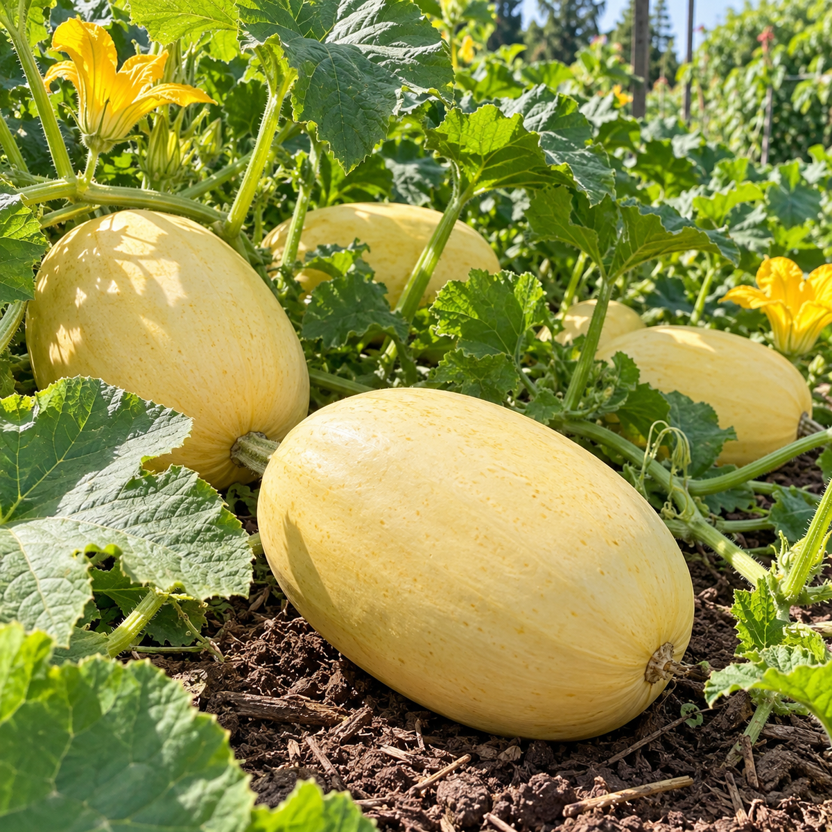 Ripe yellow Vegetable Spaghetti Winter Squash attached to the vine