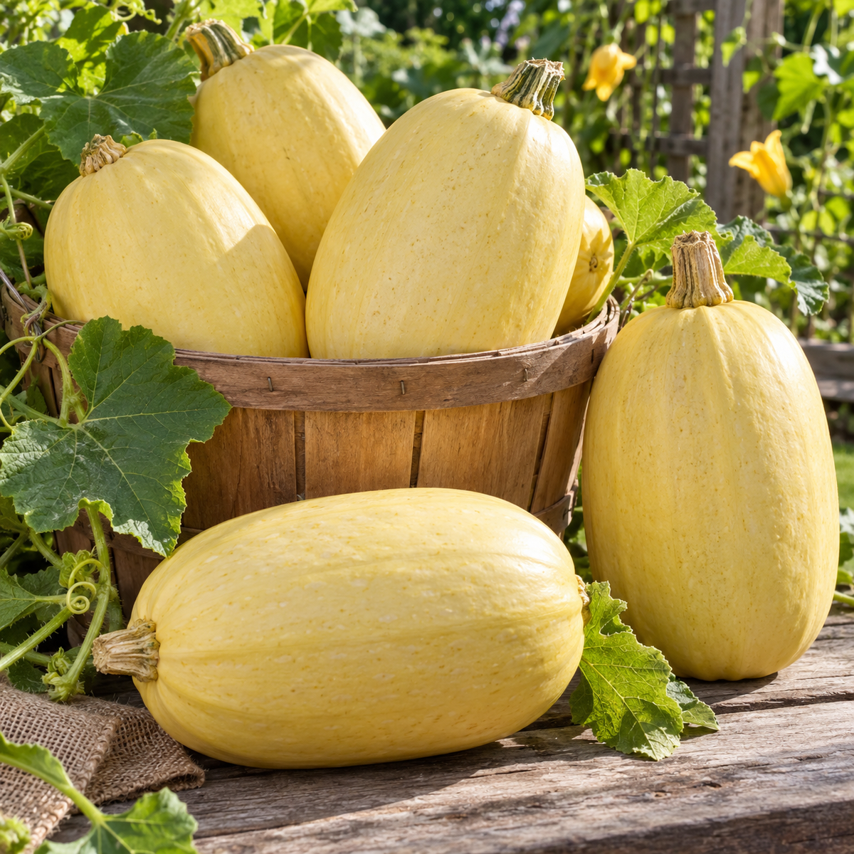 Freshly harvested Vegetable Spaghetti Winter Squash displayed in a garden basket