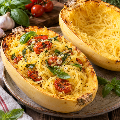 Roasted Vegetable Spaghetti Winter Squash served with tomatoes and fresh basil