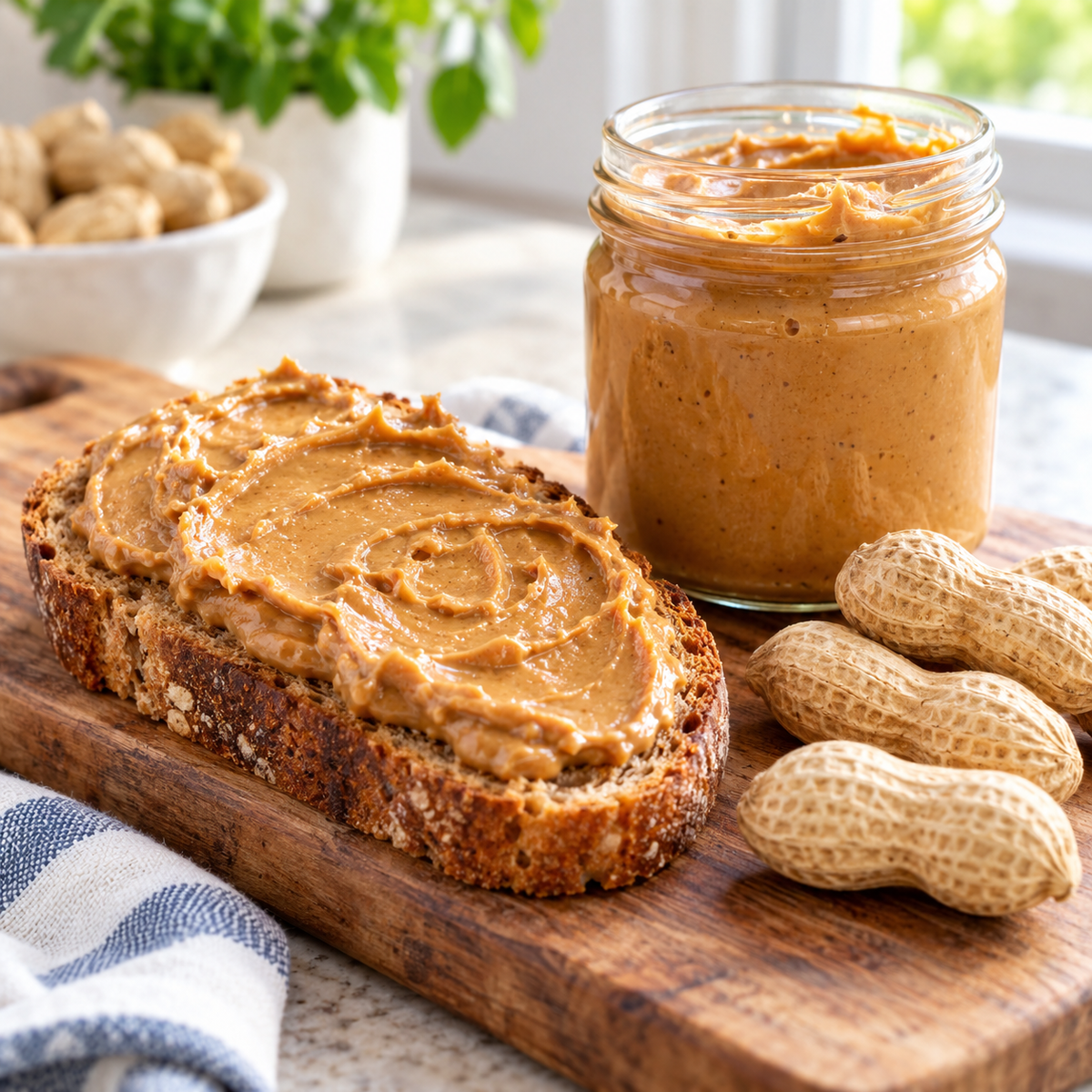 Homemade peanut butter made from Virginia Jumbo peanuts on rustic toast