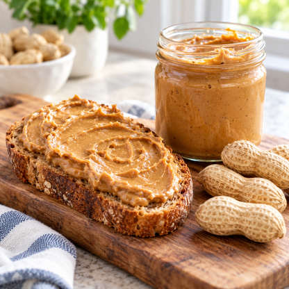 Homemade peanut butter made from Virginia Jumbo peanuts on rustic toast