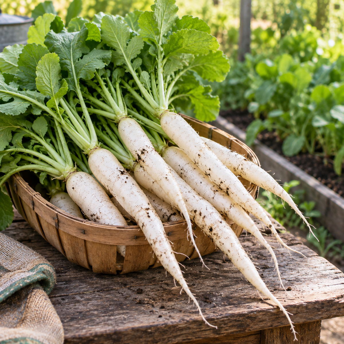 Long white White Icicle radishes with crisp white flesh