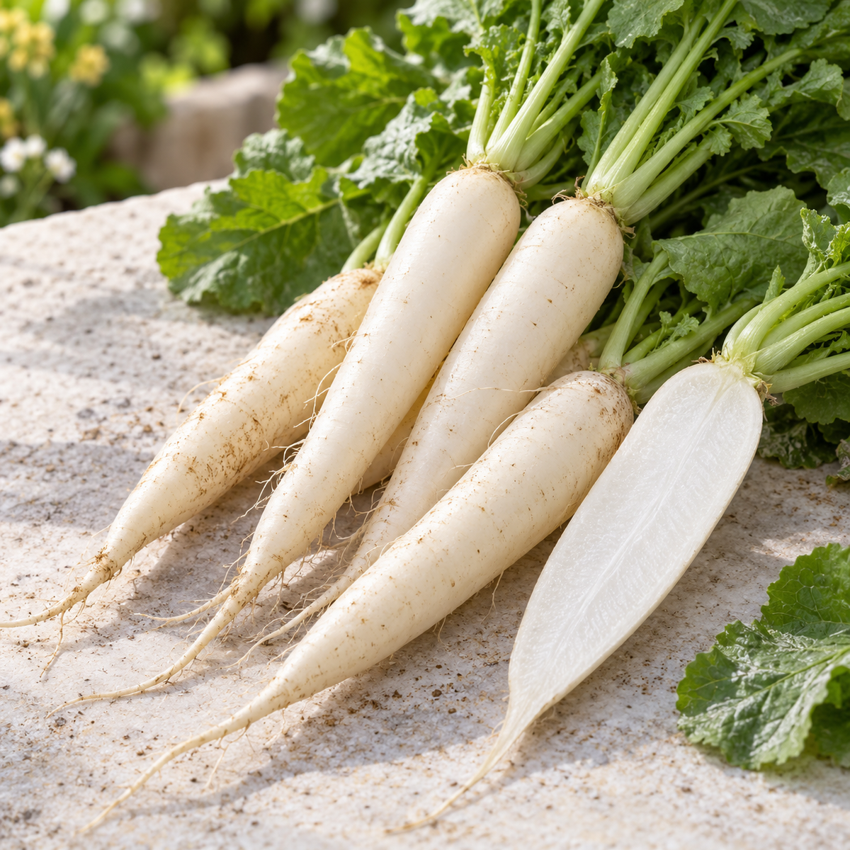 White Icicle radishes growing in rich garden soil