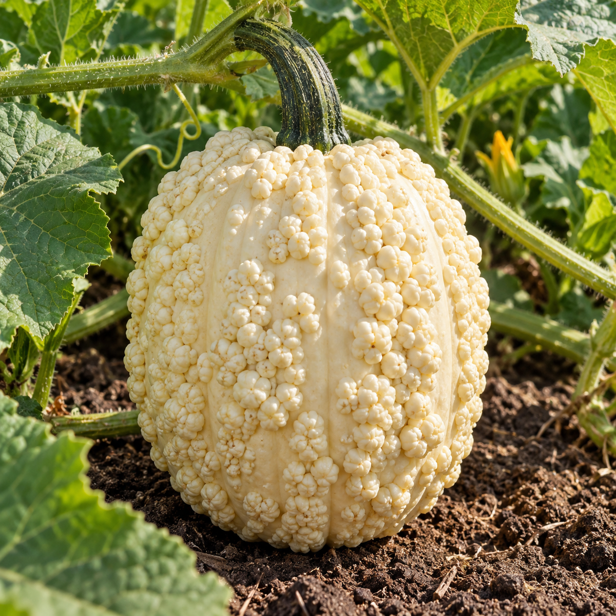 White Warted Popcorn Pumpkin with creamy white bumpy skin