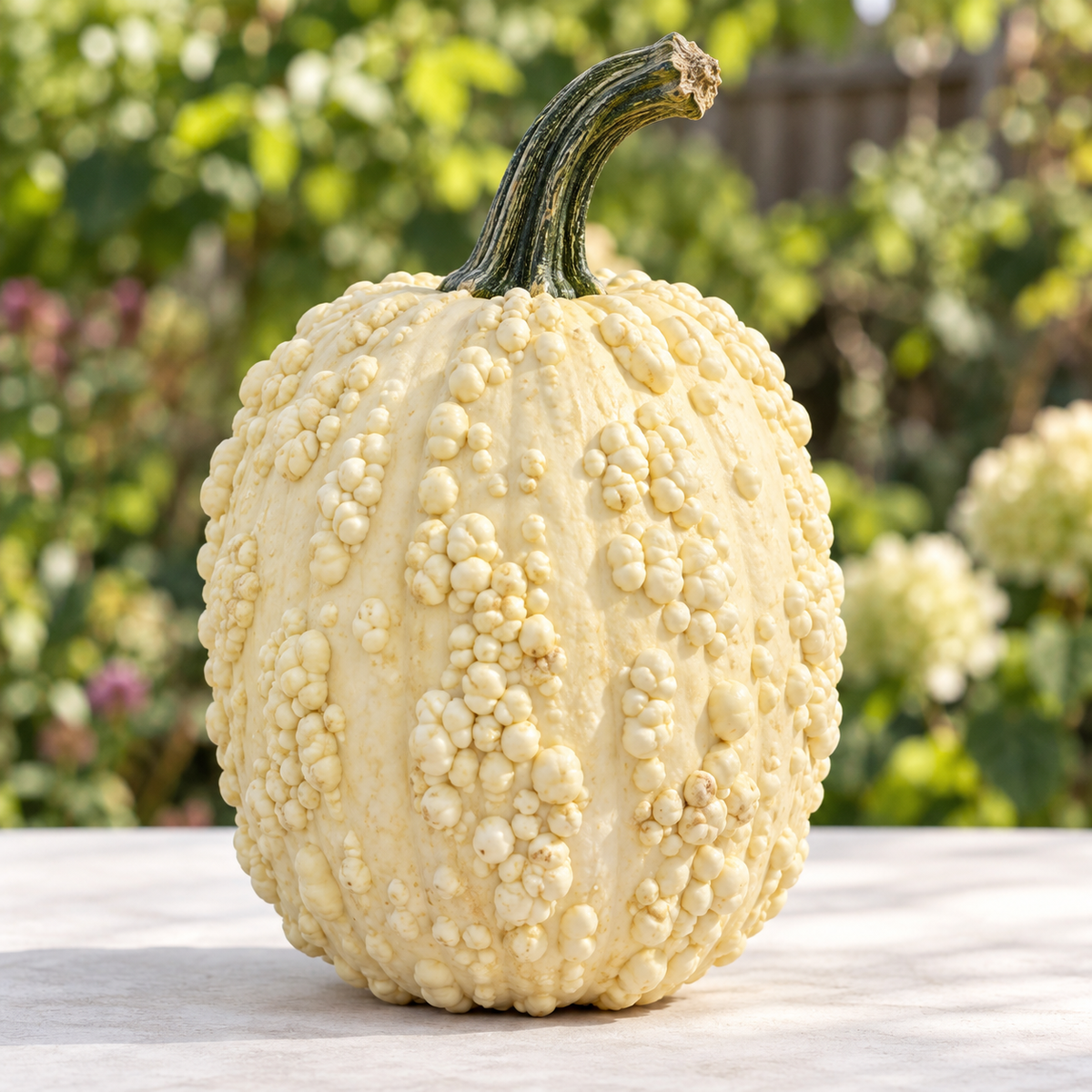 Freshly harvested White Warted Popcorn Pumpkins on a wooden table