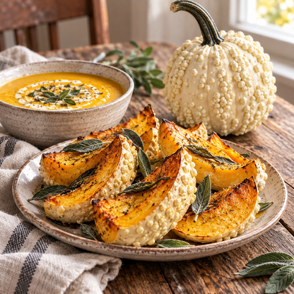 Roasted White Warted Popcorn Pumpkin wedges with creamy pumpkin soup
