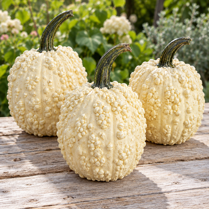 White Warted Popcorn Pumpkin growing on the vine in a garden