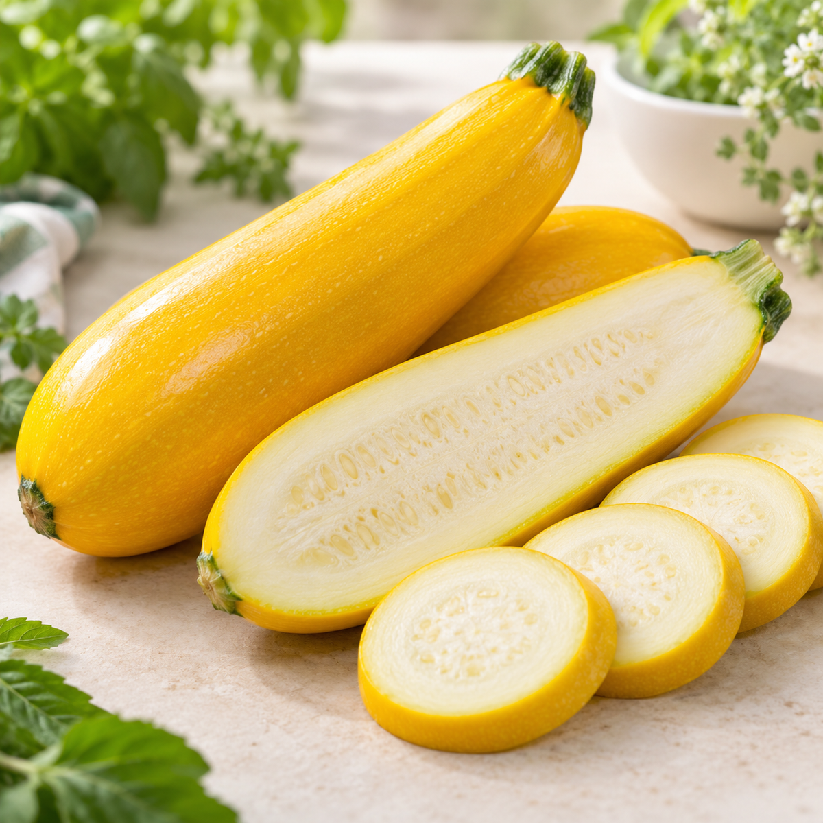 Whole and sliced Golden Zucchini showing tender creamy flesh