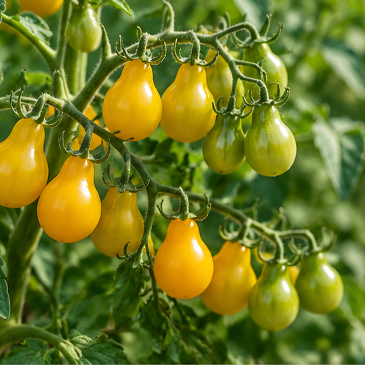 Yellow cherry tomatoes growing on a tomato plant, with some ripe yellow fruits and others still green, set against a blurred green garden background.