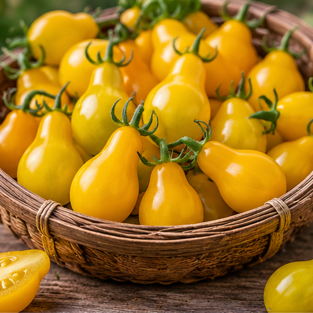 Yellow pear-shaped tomatoes on the vine, shown in a woven basket with a halved tomato in the foreground on a rustic wooden surface.