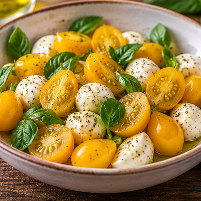 A close-up of a ceramic bowl filled with a fresh caprese salad featuring halved yellow pear cherry tomatoes, small white mozzarella balls, and fresh green basil leaves, drizzled with olive oil and sprinkled with black pepper, set on a dark wooden table.