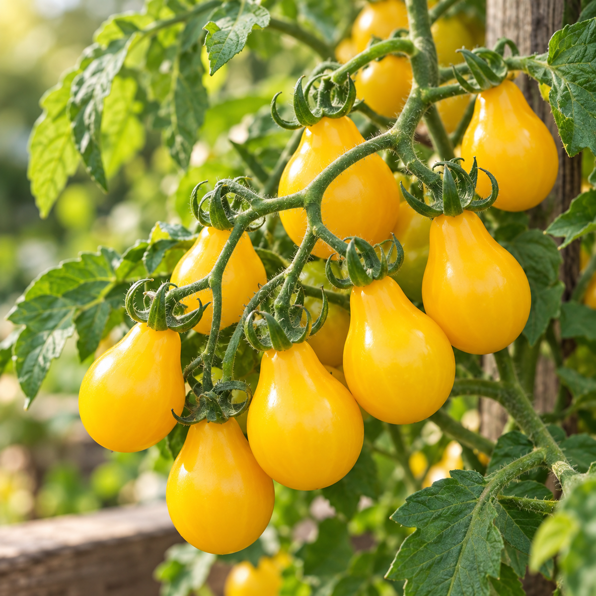 Clusters of ripe yellow plum tomatoes hanging from the vine on a tomato plant with green leaves and a wooden fence in the background.