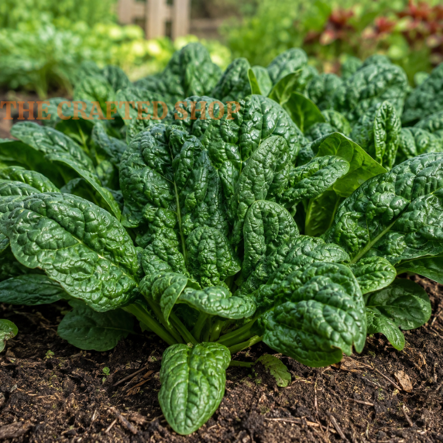 Fresh green Bloomsdale spinach plants growing in dark garden soil