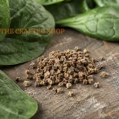 Brown spinach seeds on rustic wood with fresh Bloomsdale spinach leaves