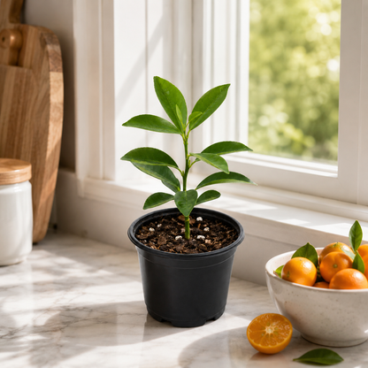 Young calamondin tree measuring 2 to 5 inches tall