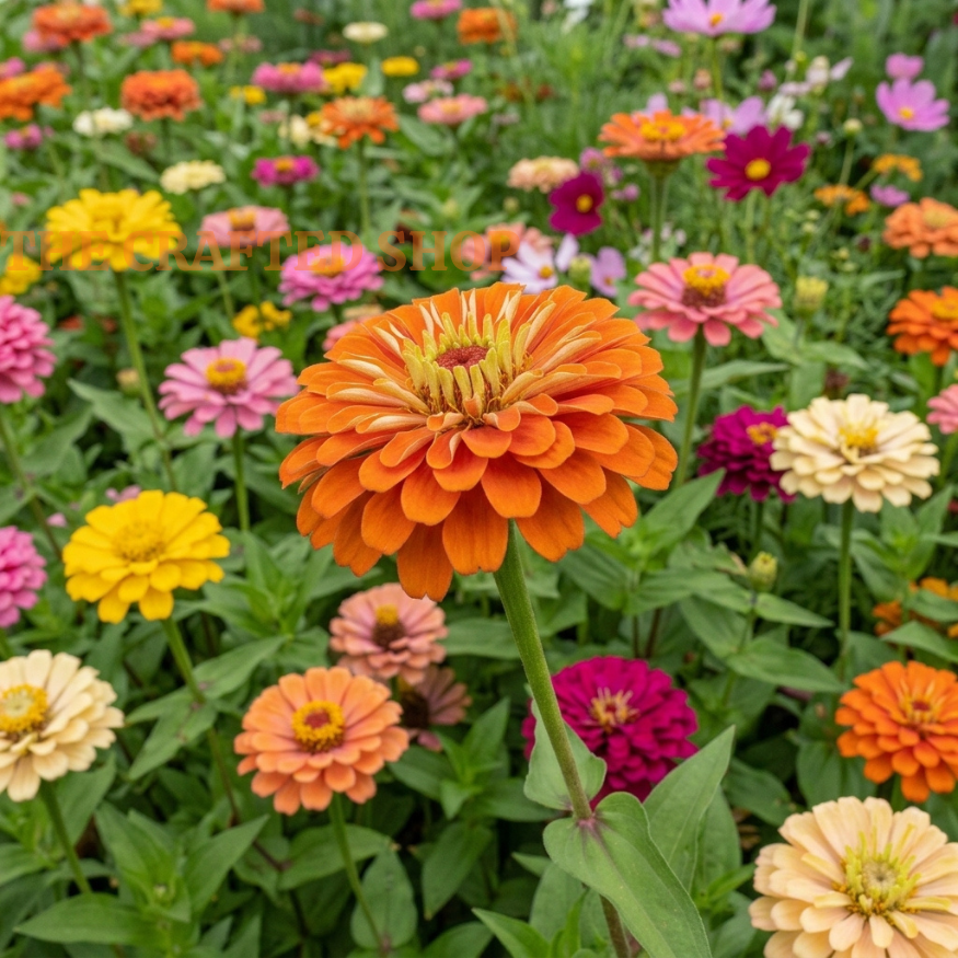 Orange California Giant zinnia flower blooming among pink, yellow, purple and cream zinnias