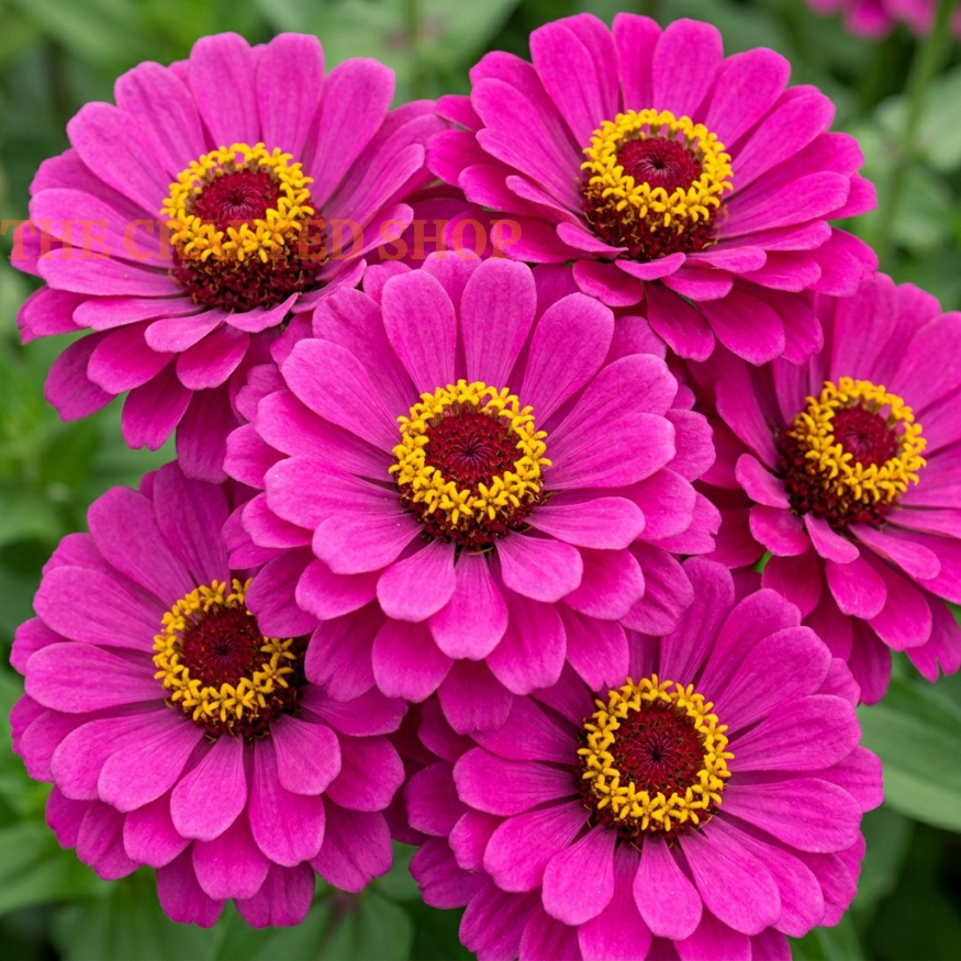 Bright pink California Giant zinnia flowers with yellow and dark red centers