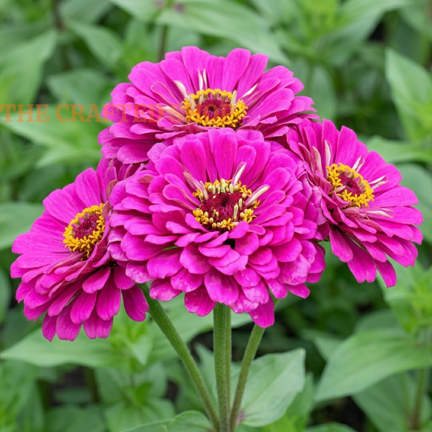Four bright pink California Giant zinnia flowers with yellow and white centers in a garden