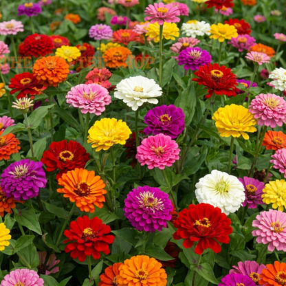 Colorful California Giant zinnia flowers blooming in red, orange, yellow, pink, purple and white