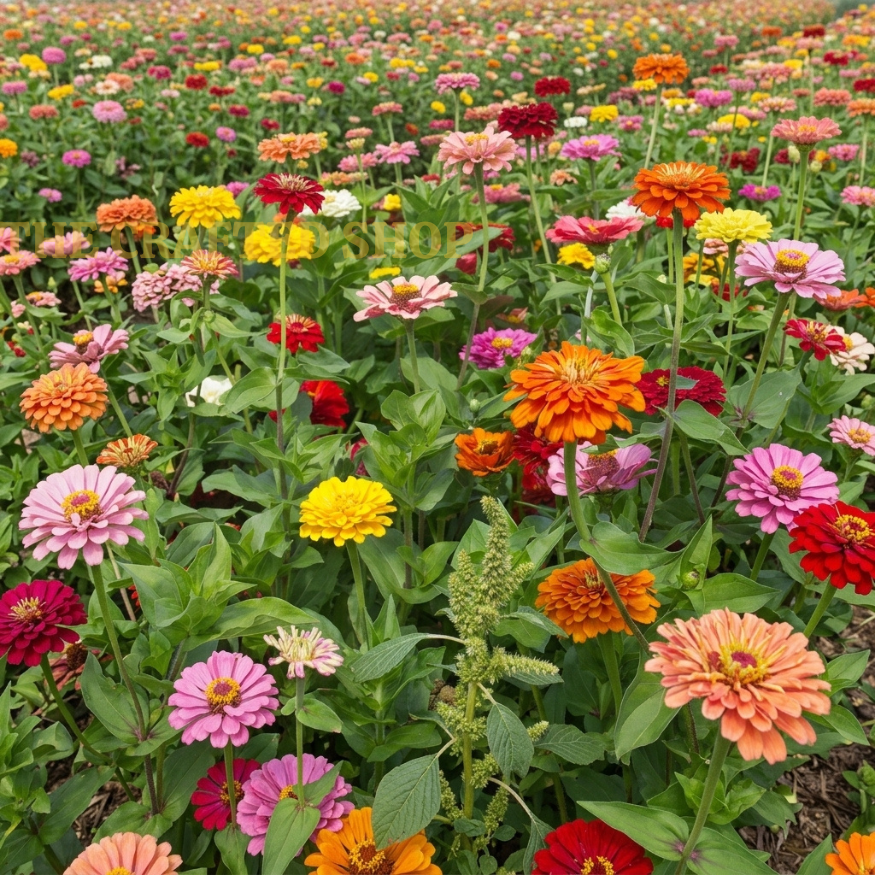 Field of California Giant zinnias blooming in pink, orange, yellow, red and purple