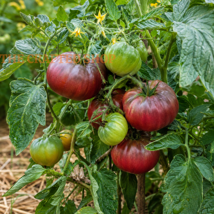 Ripe red and unripe green Cherokee Purple tomatoes growing on a garden plant