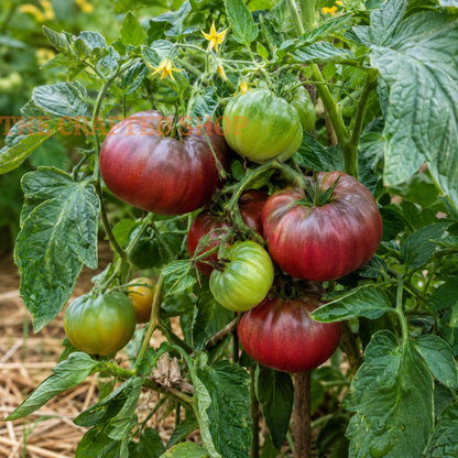 Ripe red and unripe green Cherokee Purple tomatoes growing on a garden plant